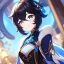 Placeholder: Clear focus,High resolution, Black short fluffy hair, and blue eyes, wearing a Genshin Impact inspired outfit, detailed clothes,must be wearing a short skirt, Smiling