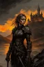 Placeholder: A formidable warrior girl in black armor, on the background Amazing gloomy landscape, flooded with sunset, mountains, trees, fabulous scary hero, , juicy emotions, painting, dark fantasy, gloomy day, dark world, portrait, Gothic Town At Night, Fantasy, Intricate Details, Castle Courtyard Gardens, Hyper Detailed, Jean Baptiste Monge, Carne Griffiths, Michael Garmash, Seb Mckinnon, Masterpiece