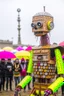 Placeholder: little people looking at dancin to giant robotvitalik buterin at burning man festival in the rain