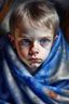 Placeholder: oil painting portrait of metallic slightly cute smirking innocent blue eyed vampire on a towel, bokeh , high detail, smooth render, prize winning, down light, depth of field, aura, in wind