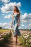 Placeholder: fullbody girl makeup wearing a floral midi dress walking in country side ,flowers ,pretty clouds in blue sky