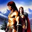 Placeholder: portrait of 'Conan and Red sonja',snow,mountains,horned helmet,ancient armor,painting by Earl Norem, simon Bisley,frazetta evan lee, Vallejo,kelly oil on canvas, cinematic composition, extreme detail,fit full head inside picture,8k