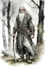 Placeholder: ink wash and watercolor illustration of an ancient grizzled, gnarled elf vagabond wanderer, long, grey hair streaked with black, highly detailed facial features, sharp cheekbones. His eyes are black. He wears weathered roughspun Celtic clothes, emaciated and tall, with pale skin, full body , thigh high leather boots and has a dark malevolent aura within swirling maelstrom of ethereal chaos in the comic book style of Bill Sienkiewicz and Jean Giraud Moebius , realistic dramatic natural lighting