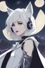 Placeholder: Pale Woman with short white hair, violet eyes, silver and white futuristic corset, wearing a skirt and thigh boots, white cloak, lynx ears, smug, villain, night sky background, RWBY animation style