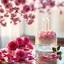 Placeholder: crystal stone romantic atmosphere, glossy transparent stone tabletop, rich atmosphere, floating pink rose petals, rose background, blurred background, red shades, tulle, candles, birthday cake from the side, luxury, close-up, warm light, minimalismspring cherry blossoms blurred background sunny weather