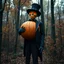 Placeholder: Pumpkin king in 1920s suit in an autumn forest spooky