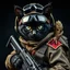 Placeholder: Nice lifelike picture of an intricately detailed black kitten, adorned in intricately crafted, paratrooper outfit, with helmet, night vision goggles and a pair of gloves, its fur peeking through the suit's gaps, with its bright, inquisitive dark golden eyes shining like polished blue onyx looking defiantly towards the camera, while it grasps a riffle, a large red patch "69AF" written on it visible in its shoulder, and a baby groot sittin on its shoulder