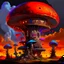 Placeholder: A fantabulous black, orange, and blue (((mushroom tower house))) erected atop a (geologic pillar), surrounded by the uncanny imaginative ((( swirling skies))), offset by the stark hues of a (neon-tinged nebulous space scape), within. captured by the hand a skilled master painter with a focus on (softly blurred compositions and voluminous lighting).