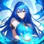 Placeholder: Clear focus, 8k, beautiful lighting, vibrant colors, girl, blue hair, long hair, blue eyes, blue fire magic, smile, angry,