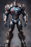 Placeholder: Fullbody photography front view of a Superman mech in transformative style, his metallic skin gleaming with intricate textures and intricate details, captured in an ultra-realistic style that blurs the lines between reality and imagination, cosmic background