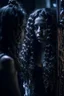 Placeholder: Close up of a beautiful woman with long curly black hair standing in front of a mirror, she doesn't see, but her reflection in the mirror is a dark demon with intense scary eyes looking back at her. Super realistic, 8k high quality