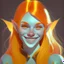 Placeholder: Young Female Pale vampire orange hair smiling pointed ears Holographic style.