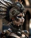 Placeholder: Solarpunk beige and black ivory carved filigree woman portrait adorned with decadent goth headdress and half face masque solar punk armour dress ribbed with quartz agate azurit and obsidian metallic filigree dress and armour and embossed solar punk headdress organic bio spinal ribbed detail of rainy gothic cityscape bokeh background