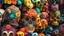 Placeholder: a picture of a dark, comedic, anatomically correct wall of colorful tightly packed skulls of varying sizes and expressions, photo realistic, insanely meticulous, highly detailed, part of a collection of bones on display, 64k, dystopian, vray