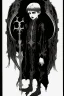 Placeholder: 7 year old boy, necromancer, friendly, looks dead,with a long lamprey emerging from his belly , wearing black robes, in the style of Harry Clarke