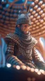 Placeholder: close up portrait of a happy blessed ancient magical king mad max soldier standing on a desert throne in a space alien mega structure with stairs and bridges woven into a sacred geometry knitted tapestry in the middle of lush magic forest, bokeh like f/0.8, tilt-shift lens 8k, high detail, smooth render, down-light, unreal engine, prize winning