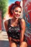 Placeholder: young woman with clear eyes, messy bun hair, bouncing looking back, soft velvet red/black two piece printed outfit, morning sun, cute, full body, street art, spray painted walls, crisp quality, ultra realistic, a variety of small details in the background, hyper realistic, surprised, sweet smile, 8k, HDR, 500px, by Koos Roos