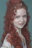 Placeholder: Generate a photorealistic image of a beautiful young girl with red wavy hair. The portrait should focus on her face and include a pendant on a cord. Ensure the image is in 4K resolution and showcases hyperrealism. Pay attention to fixing the hair and fingers for a flawless result. The girl should have very pale skin, a slightly nervous expression, and striking red lips