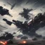 Placeholder: Armored Core fight another Armored Core fly in the sky in the desert with beside the ocean where you can see the space in the sky with twilight on the horizon, 4k resolution