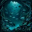 Placeholder: A dark bluish teal underwater abyss with angler fish painted by MC Escher