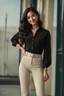 Placeholder: full body standing of a beautiful girl , brunette , frontal face, shy smile, black wavy hair, wearing pants and tight shirt, cinematic, hd, 8k, sharp focus