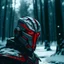 Placeholder: a strong warrior wearing futuristic sci fi knight face helmet, glowy red visor eyes, distant shot, adobe lightroom cinematic filter, snowy forest scene