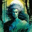 Placeholder: create a wildly conceptual closeup full body print illustration of a feral mage with highly detailed hair and feminine facial features, in an ethereal, otherworldly ,ancient summer forest , in the comic book art style of Bill Sienkiewicz, Mike Mignola, Sparth, and Jean Giraud Moebius, finely drawn, colored, and inked, suffused with dramatic natural light and shadow of sunset