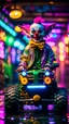 Placeholder: portrait of clown Hairy Gremlin myth buster pimp ninja yoga cyber punk in flying hipster lawn tractor parked in dark neon lit reflective wet arcade hall tunnel,bokeh like f/0.8, tilt-shift lens 8k, high detail, smooth render, down-light, unreal engine, prize winning