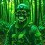 Placeholder: medium-full shot, muted photo portrait titled "Lone mercenary man with a skull mask", black commando uniform, muted palette, detailed, 8k, reflections, Lost in the Forest, Exploring the Unknown, Jungle Expedition, pastel colors, earthy tones, vibrant hues, monochromatic scheme, neon accents, 4k, high-definition, ultra HD, 1080p, retina display