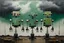 Placeholder: (three:2) determined whimsical robots (made of scrap metal:2) in a scrapyard under stormy sky, acrylic painting, minimal art, centered, wild sparse brushstrokes, amazing verticals, great parallels, low bleak colors of green, drab, beige and black, excellent negative space contrasts