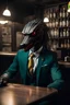 Placeholder: photo of a predator dressed suit and tie sitting at a table in a bar with a bar stools, bottle beer, award winning photography, Elke vogelsang, bosozoku outfit