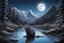 Placeholder: black, blue and white colors, hunting manul, fullmoon, pond, mountain, forest