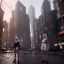 Placeholder: A wide-angle shot of a young, white-haired nymph woman standing on a sidewalk in a cyberpunk city. The woman only has one head, but also a gentle smile.