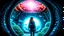 Placeholder: woman standing inside the interior of a ruined alien spaceship, with a circular window, overrun with mushrooms with jellyfish tentacles