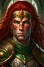 Placeholder: Generate a dungeons and dragons character portrait of the face of a young male Githyanki who is tall and well built with a red right eye and a green left one and has long hazel hair in heavy armor and a sword on his back