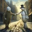 Placeholder: sinister weirdcore, Snowman vs Scarecrow, Snowman shaking hands with a scarecrow in middle of city street in the summer, by Leszek Bujnowski, mind-bending hyperrealism, weirdcore, something strange about to happen, sunny day natural lighting