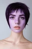 Placeholder: A young woman with lavender skin, purple eyes, dark purple hair in a pixie cut with pink freckles.