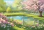 Placeholder: amazing sunny spring day, trees, flowers, fence, little pond