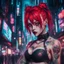 Placeholder: Darksynth,horror,Judy Alvarez,anime cyberpunk girl, eye shadows, arasuka, cyberpunk night city, piercing, gang tatto, red hair