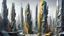 Placeholder: A futuristic cityscape with tall, angular skyscrapers and unique architectural structures in varying shades of grey, yellow, blue, green and orange, the buildings have intricate designs and patterns, creating an architecturally avant garde visual appearance.