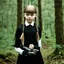Placeholder: Young gemma ward as Wednesday addams, braids, bangs, in tge woods