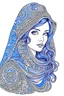 Placeholder: beautiful persian female drawings in blue pen vector images, comic, white background, manga,