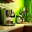 Placeholder: a High resolution hyper realistic octane render 4k photograph of a professional stainless steel with deeply grained wooden knobs and handle espresso machine with steam wand and with syrupy espresso extraction filling up a crystal clear round demitasse cup light steam rising on kitchen counter with vivid lime green glass mosaic tile wall dramatic morning light