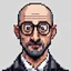 Placeholder: Pixel art. A portrait of an 50 year old balding man with round glasses, dark hair and a stubble beard. Hair color dark. Narrow nose. White background. Style pixel art.