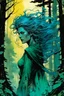 Placeholder: create a wildly conceptual closeup full body print illustration of a feral female mage with highly detailed hair and feminine facial features, in an ethereal, otherworldly ,ancient summer forest , in the comic book art style of Bill Sienkiewicz, Mike Mignola, Sparth, and Jean Giraud Moebius, finely textured, drawn, colored, and inked, suffused with dramatic natural light and shadow of sunset