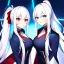 Placeholder: Clear focus, 8k, beautiful lighting, vibrant colors, girl, white hair, long hair, vibrant red eye, ponytail, same twins, white hair, blue eye, same clothes, blue eye, red eye,