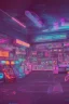 Placeholder: A dark photo of a full panoramic view an 80's aesthetics arcade at night, with a lot of functioning arcade machines, a vaporwave floor and some colorful tiles in between the floor. Purple aesthetics. Full panoramic view