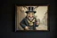 Placeholder: Real Charlie Chaplin and town major troll mouse rabbit in style of Rembrandt and Fallout 4, with motion blur, all on a painting on wall with black wooden frame and with black wall background