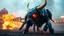 Placeholder: an advanced robot bull, with weapons, red led eyes, black color, golden horns, angry, in a bullring, fire and storm