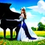 Placeholder: fullbody girl makeup wearing a victorian dress sitting to a grand piano in country side ,flowers ,pretty clouds in blue sky